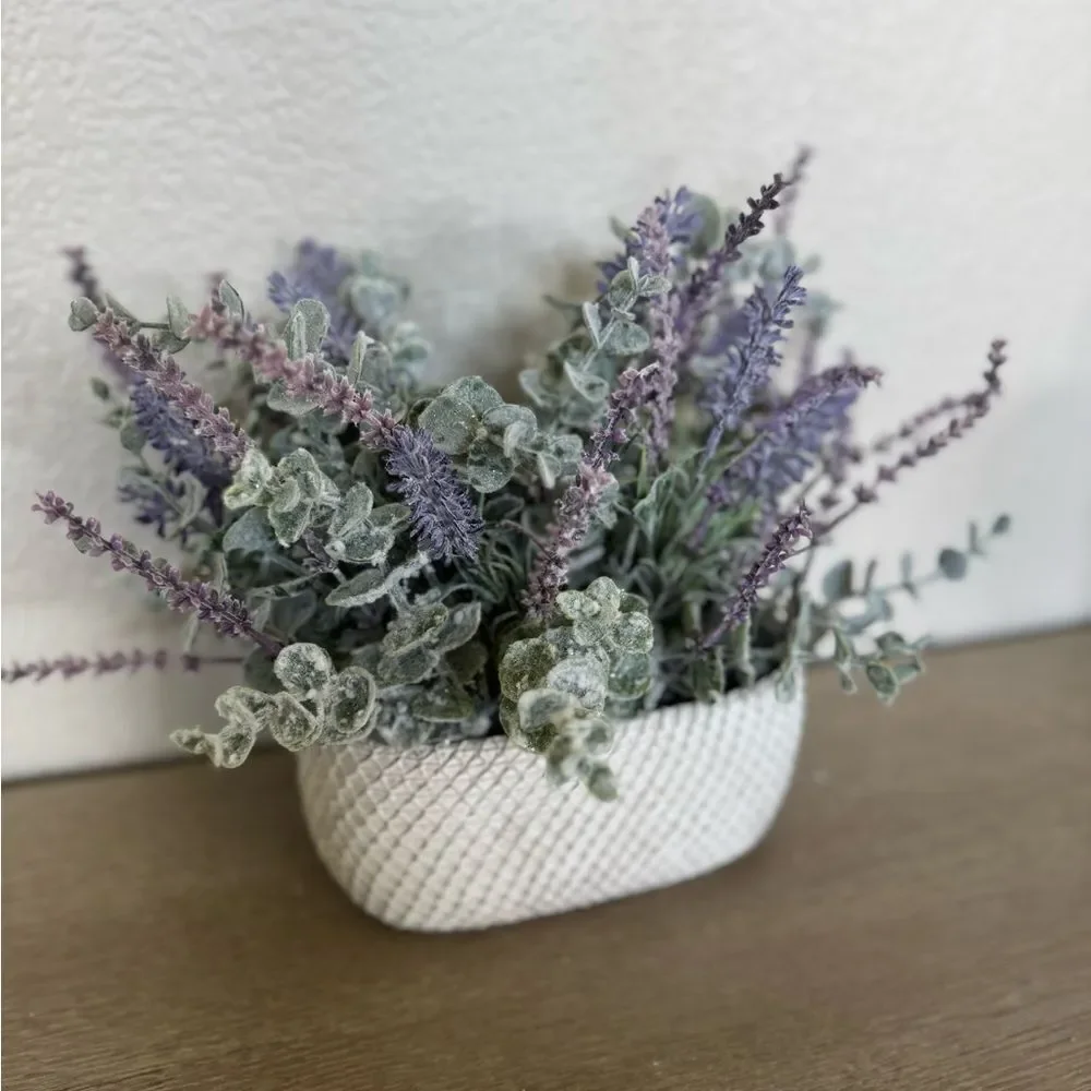 Lavender Eucalyptus Faux Floral Ceramic Oval Planter Pot Decor Arrangement